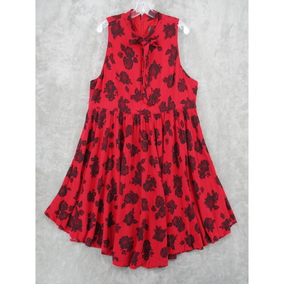 Retro Chic Dress 22 Red Rose Floral Tie Neck Retro Fit & Flare Rockabilly Zip - Picture 1 of 11